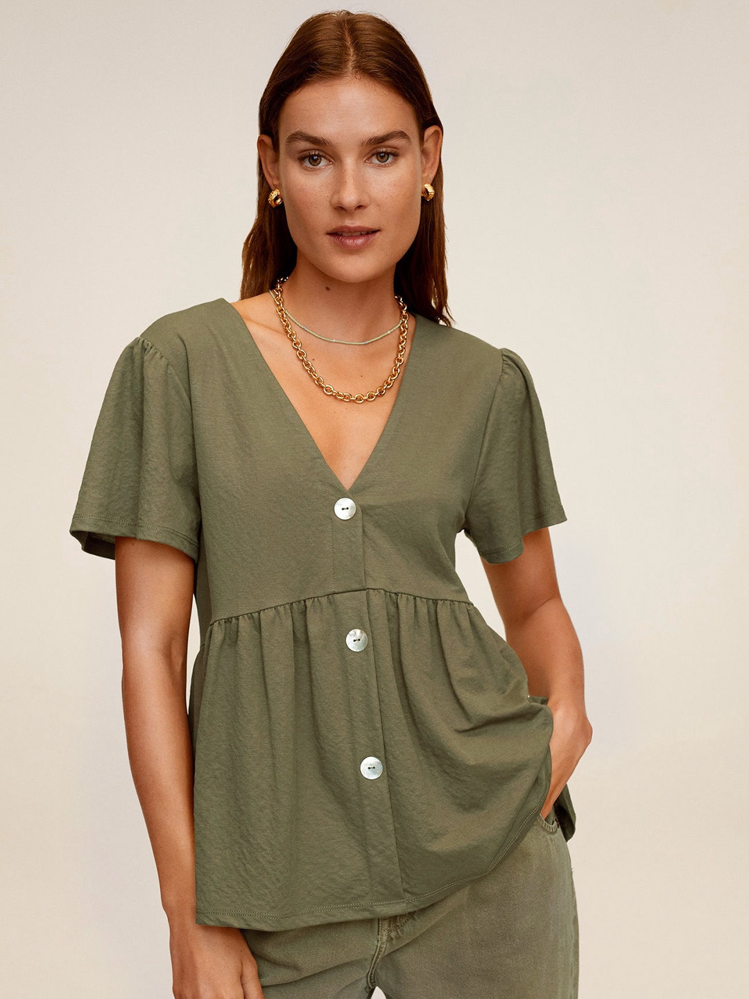 

MANGO Women Olive Green Solid A-Line Top