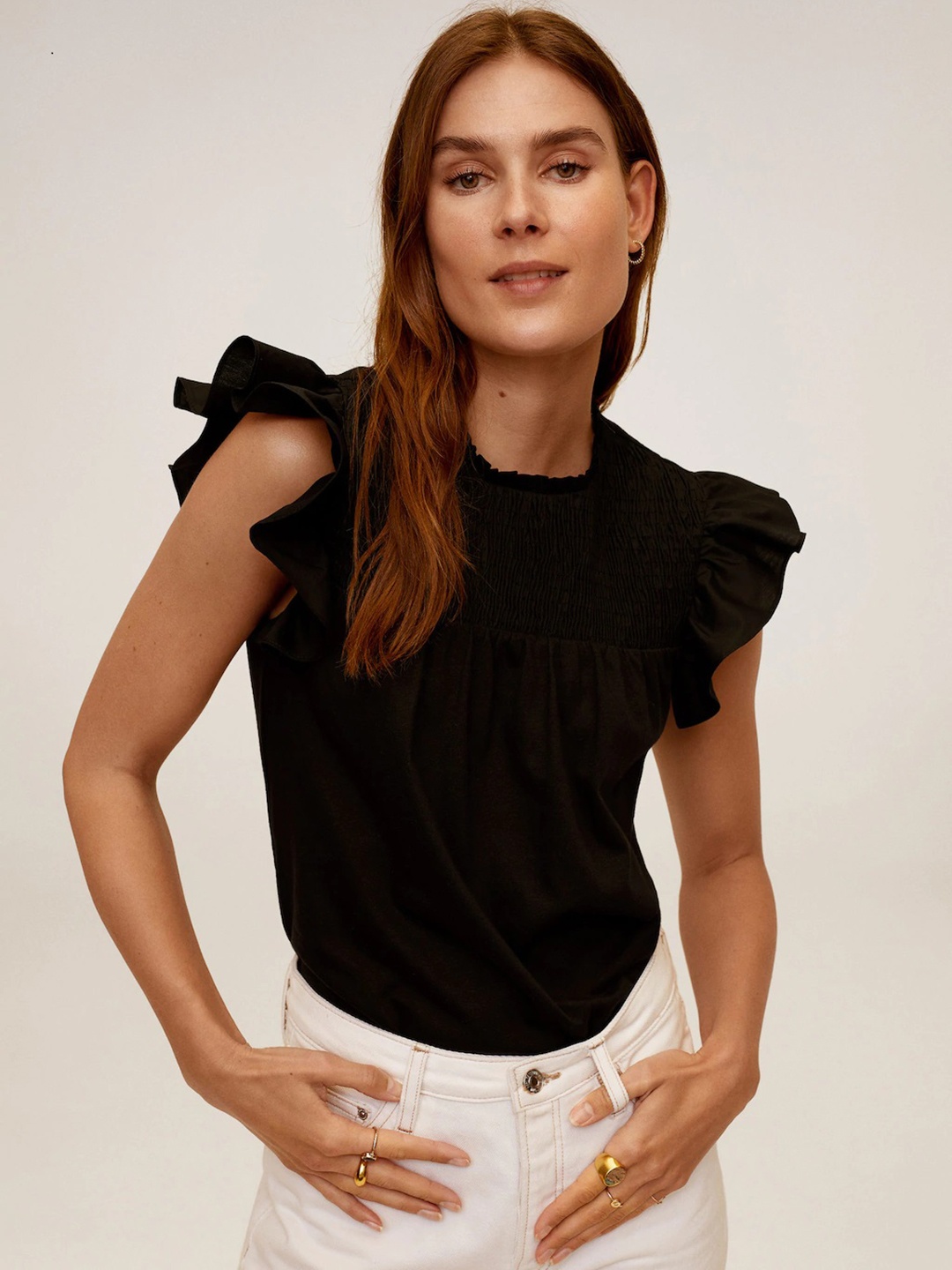 

MANGO Women Black Solid Pure Cotton Top