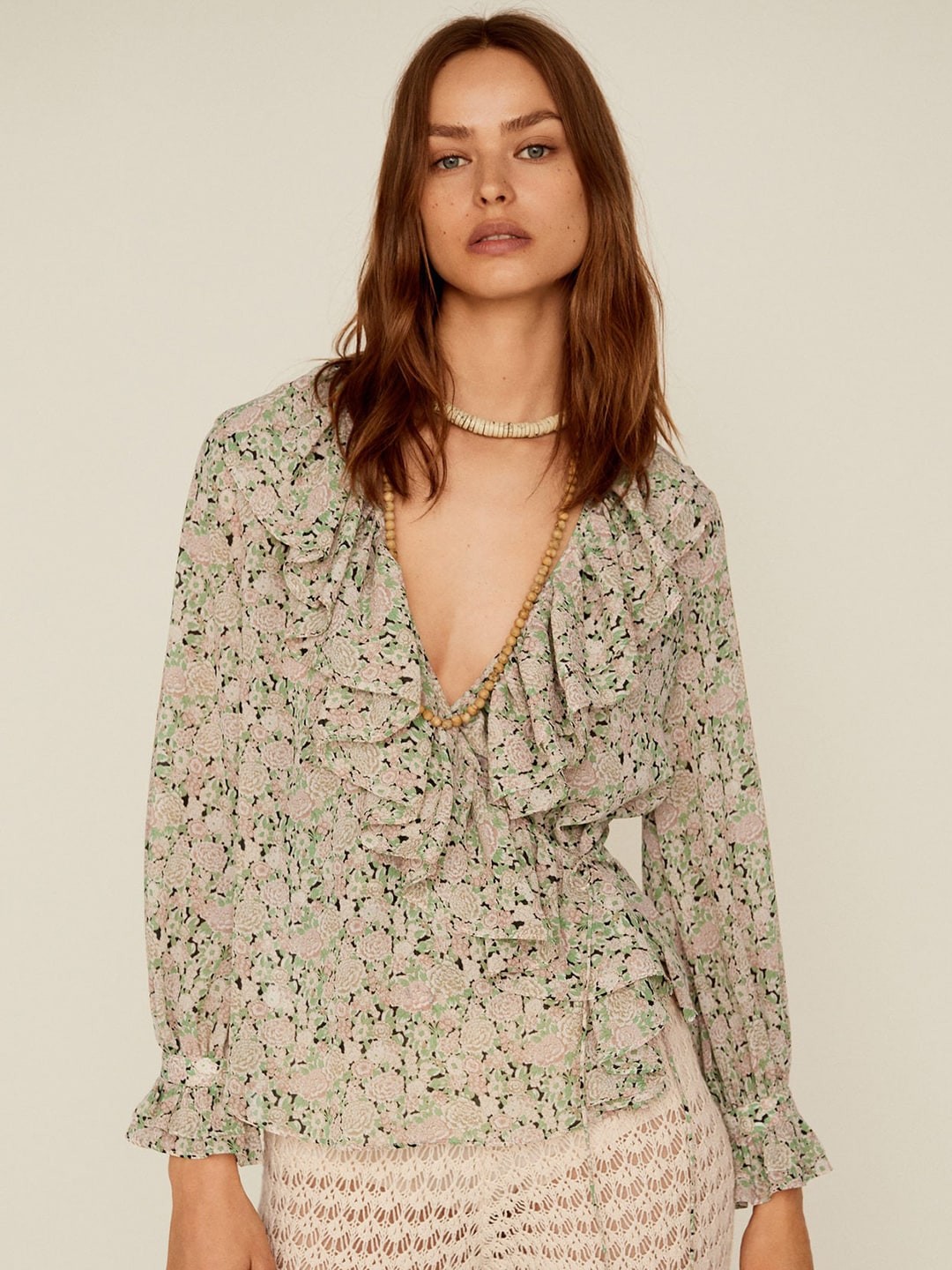 

MANGO Women Beige & Green Floral Printed Ruffled Wrap Sustainable Top