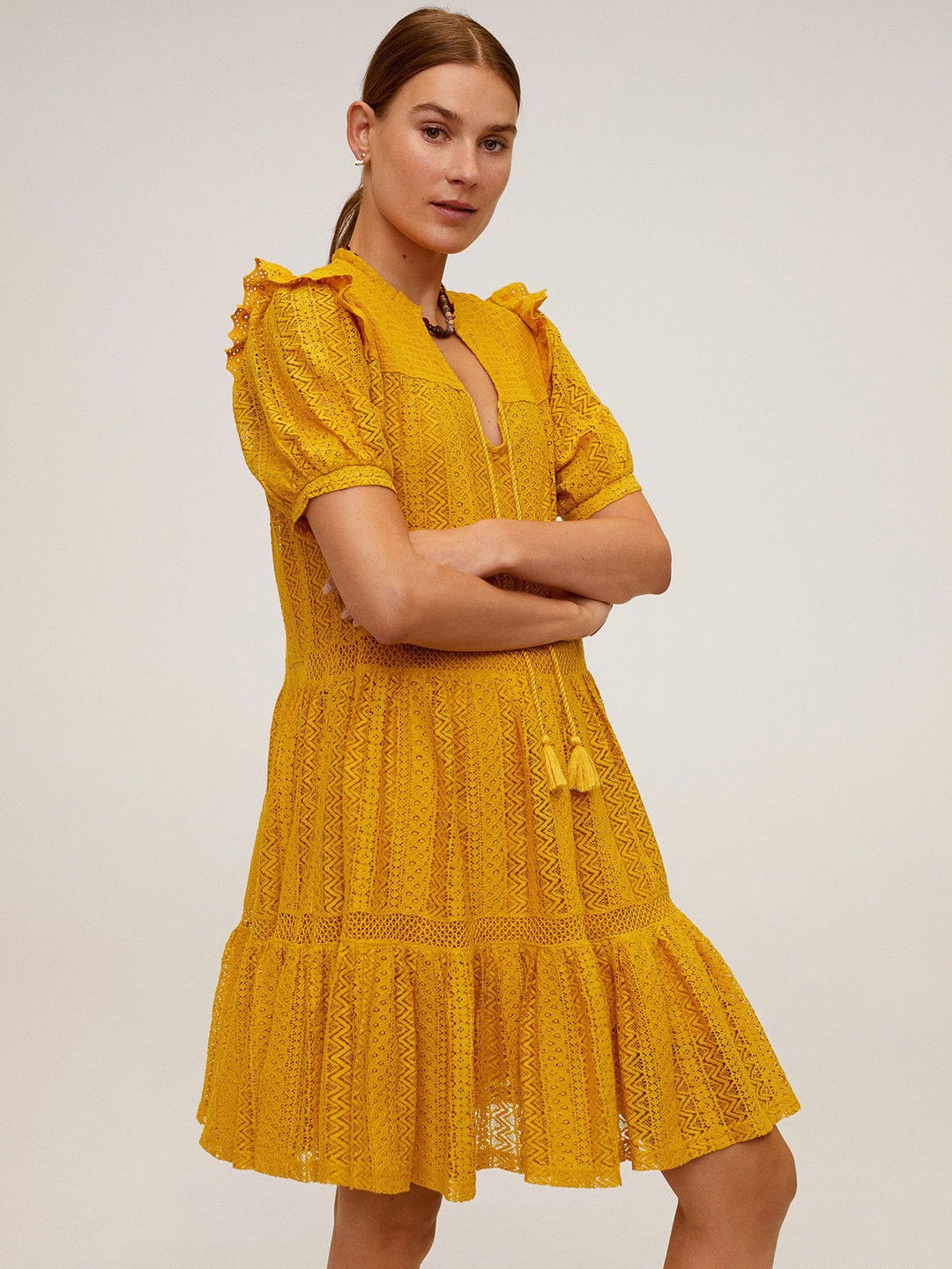 

MANGO Women Mustard Yellow Tiered Lace A-Line Dress