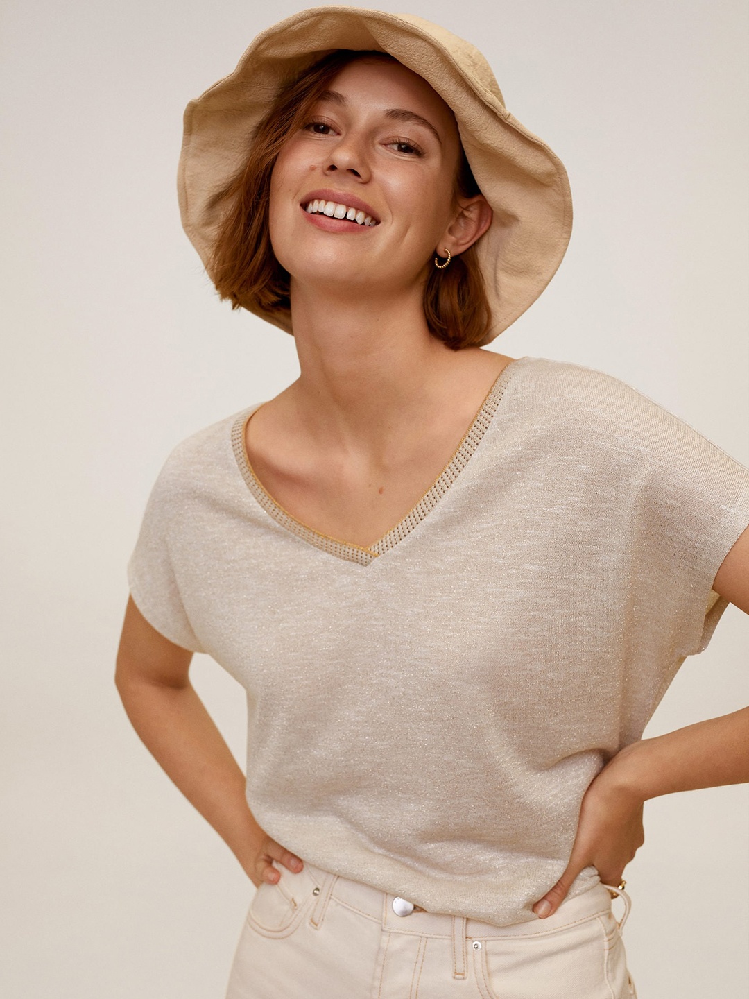 

MANGO Women Beige Solid V-Neck T-shirt