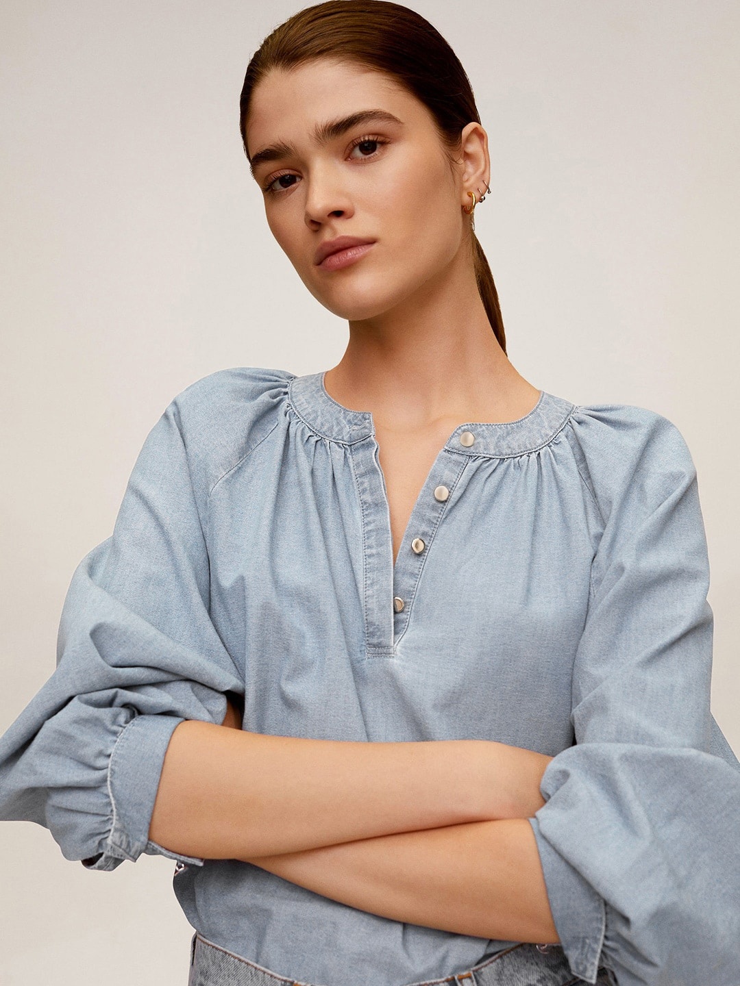 

MANGO Women Blue Solid Sustainable Denim Pure Cotton Top