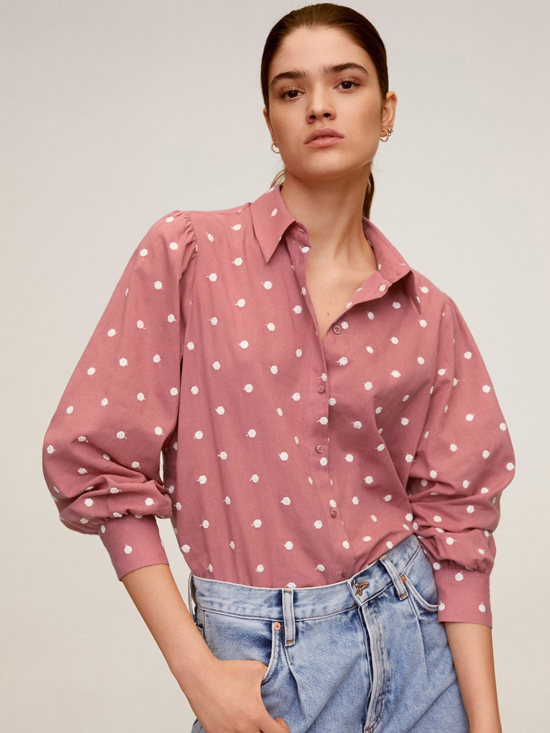 

MANGO Women Pink & White Thread Work Casual Shirt