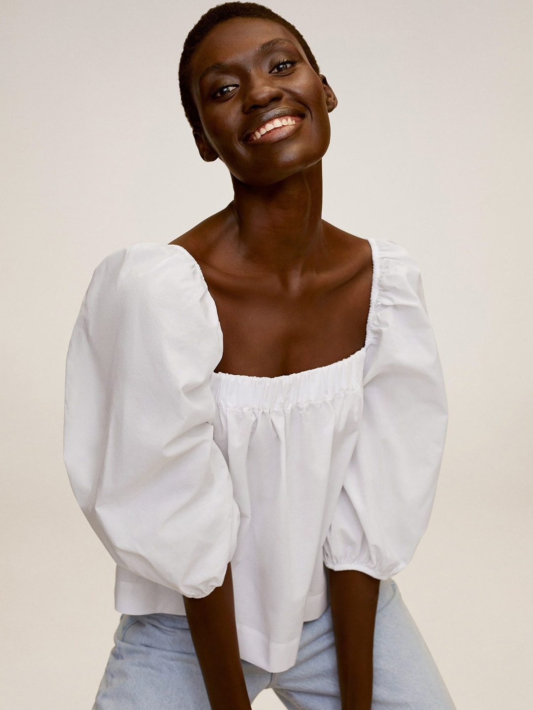 

MANGO Women White Solid Puff Sleeves Sustainable Pure Cotton Top