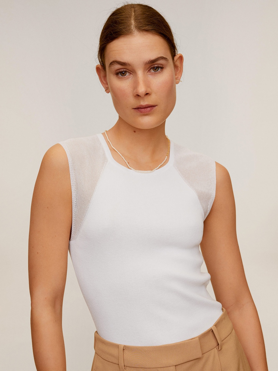 

MANGO Women White Solid Semi-Sheer Detail Fitted Top