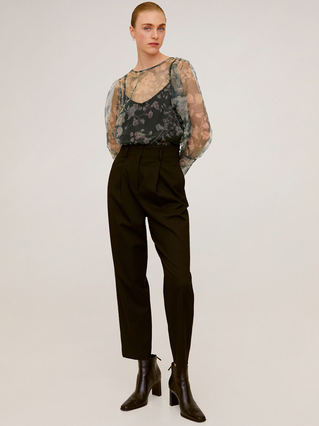 

MANGO Women Charcoal Grey Floral Printed Sheer Styled Back Top