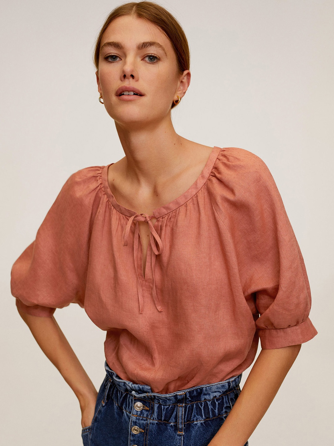 

MANGO Women Rust Red Linen Solid Top