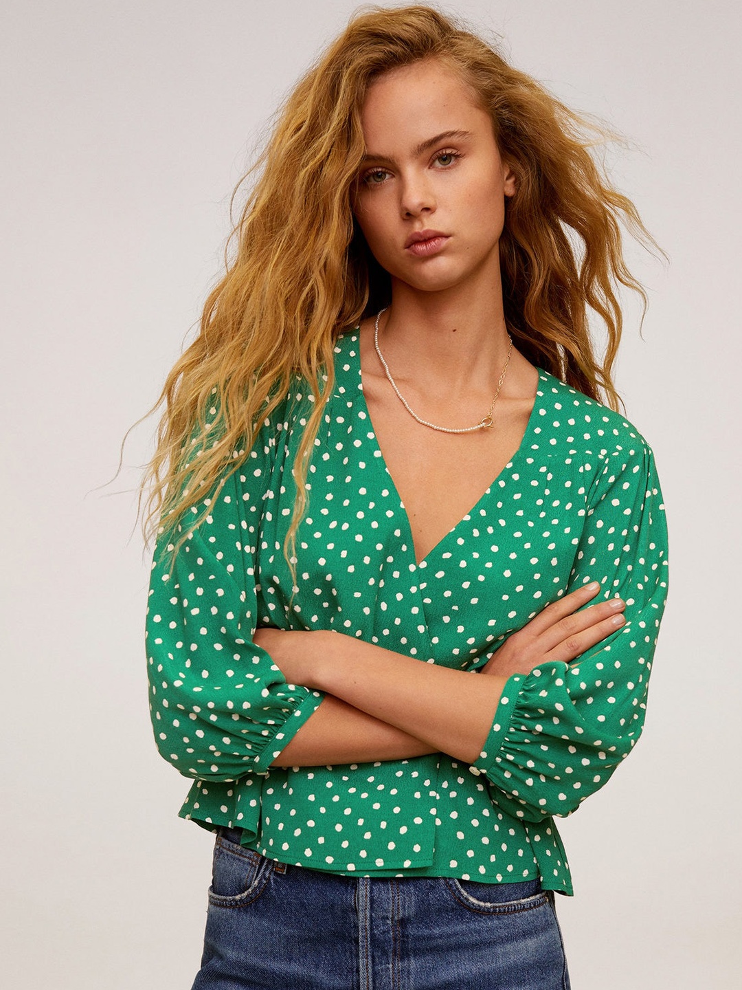 

MANGO Women Green & White Printed Wrap Top