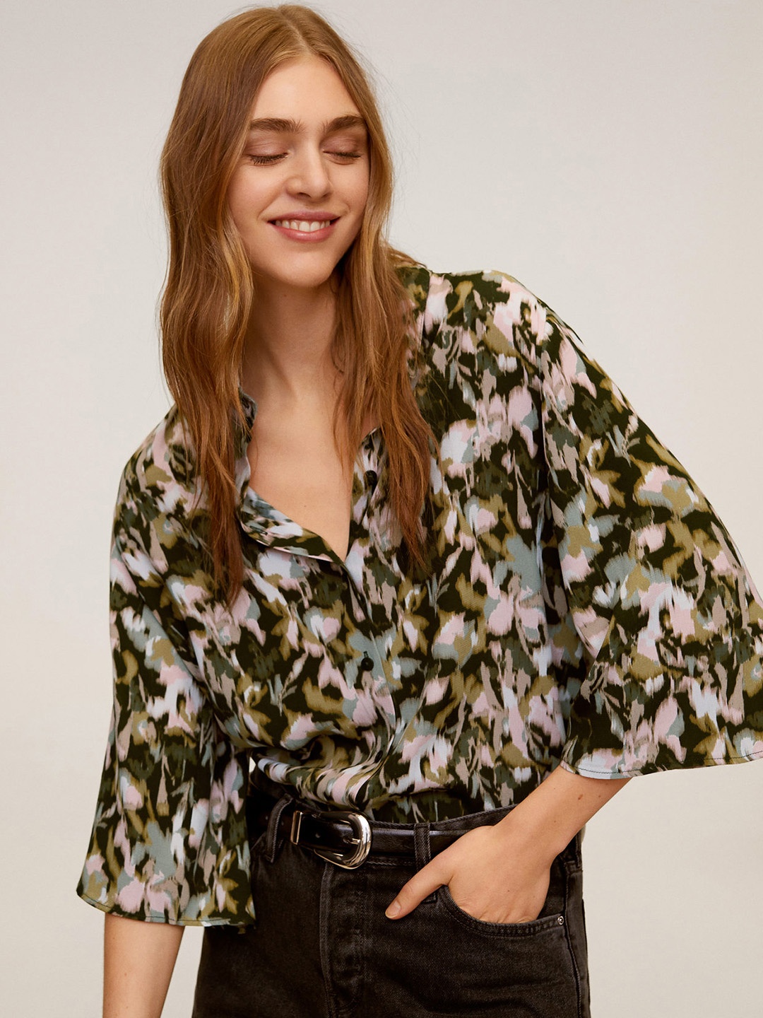 

MANGO Women Olive Green & Beige Regular Fit Printed Casual Shirt