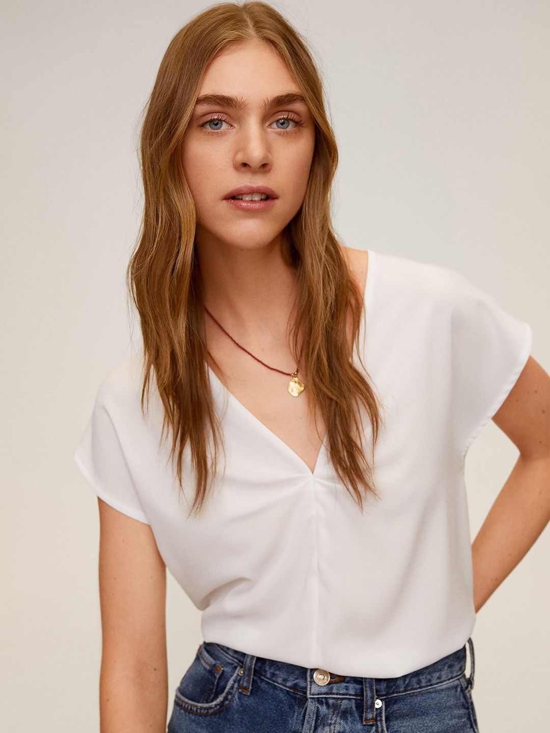 

MANGO Women Off-White Solid Top