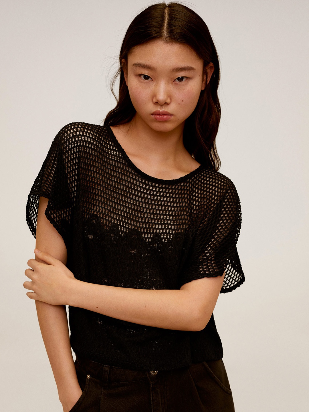 

MANGO Women Black Lace Self-Design Top