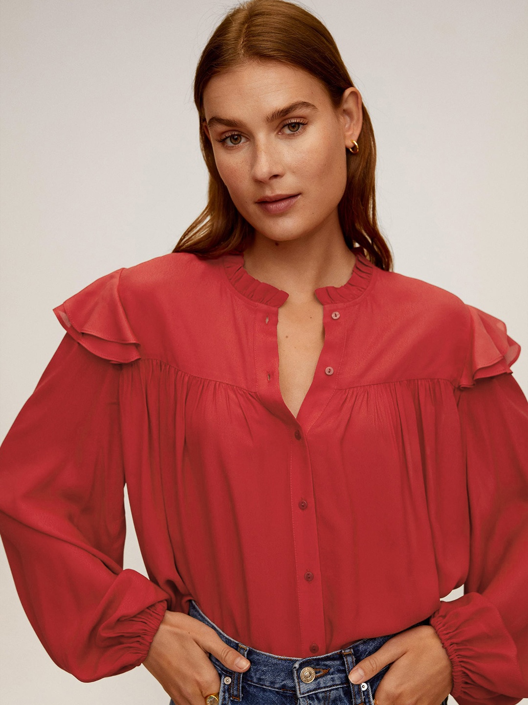 

MANGO Women Red Solid Ruffled Shirt Style Top
