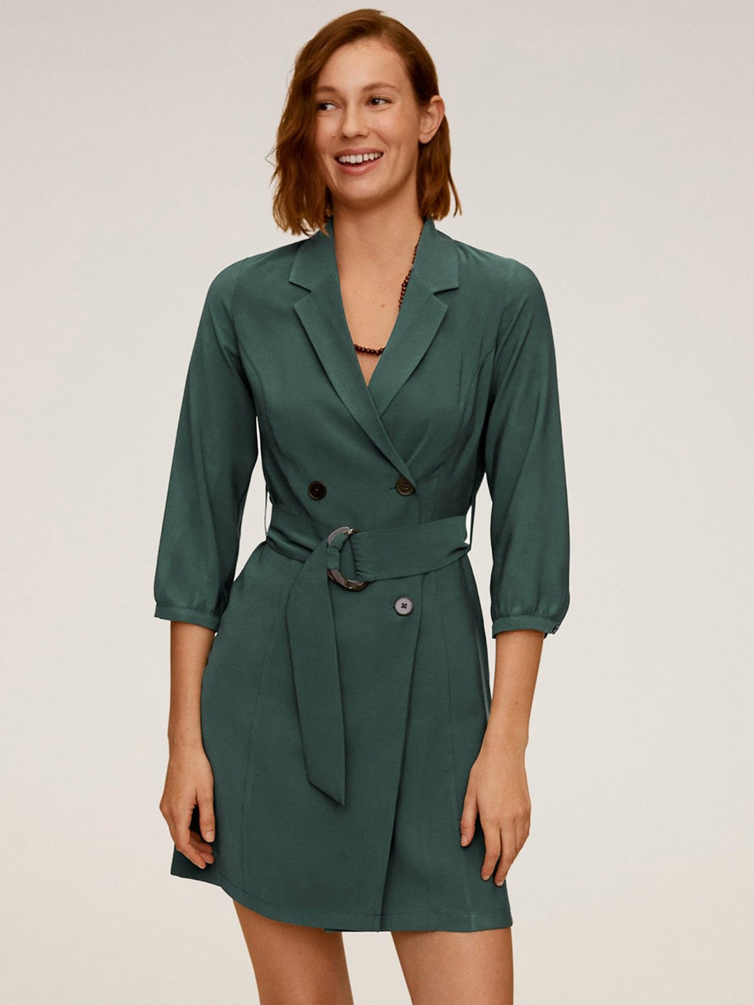 

MANGO Women Teal Green Solid Trench Dress