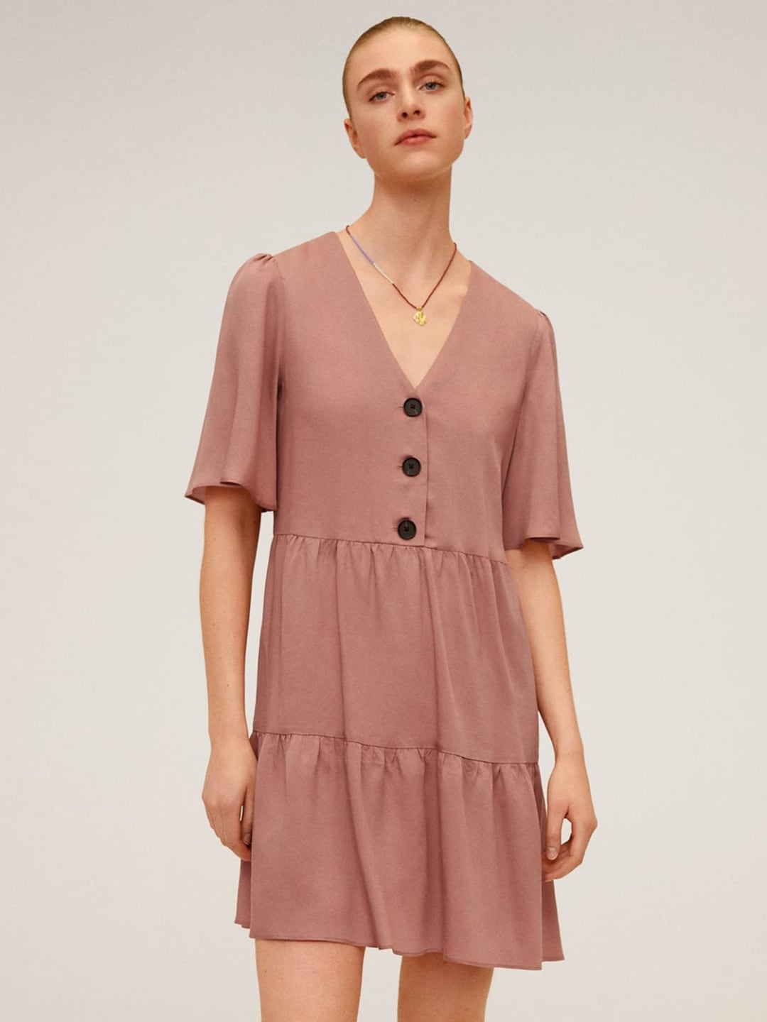 

MANGO Women Dusty Pink Solid Tiered A-Line Sustainable Dress