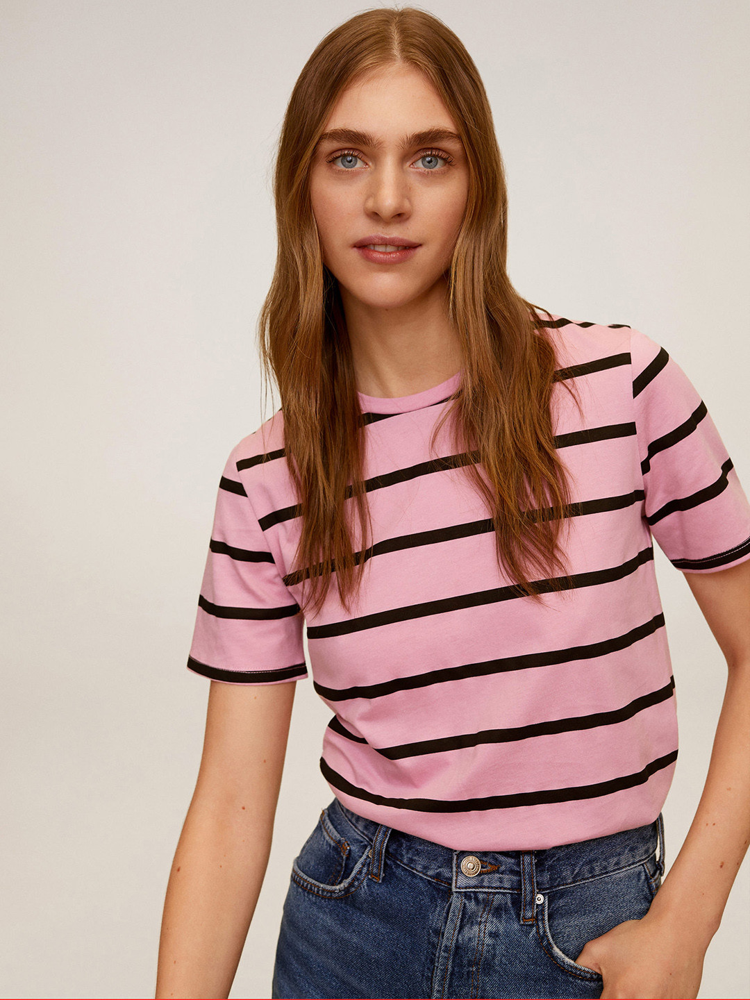 

MANGO Women Pink & Black Striped Round Neck T-shirt