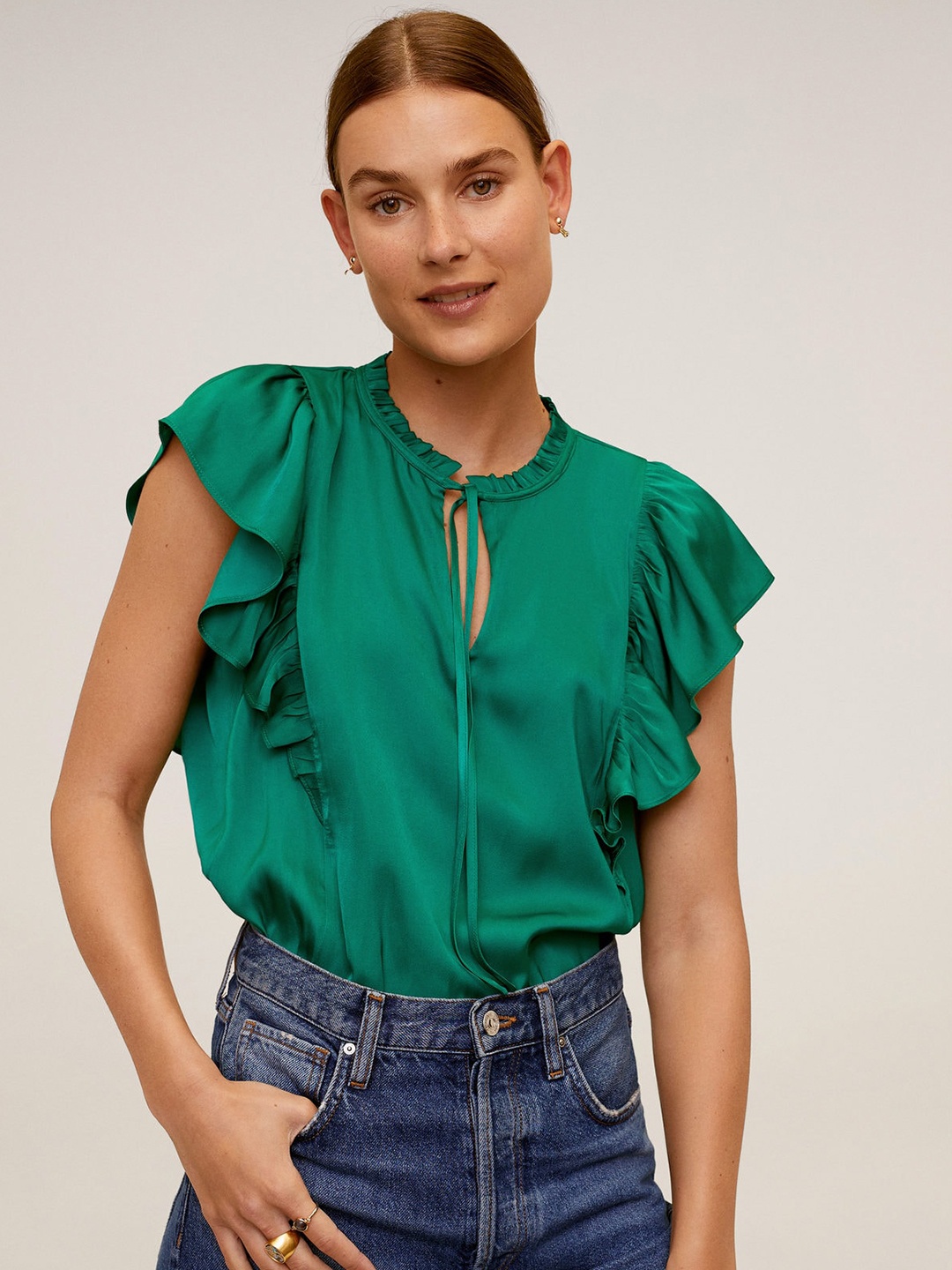 

MANGO Women Green Solid Ruffled Top
