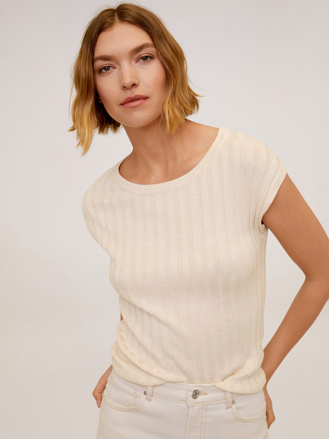 

MANGO Women Off-White Ribbed Top