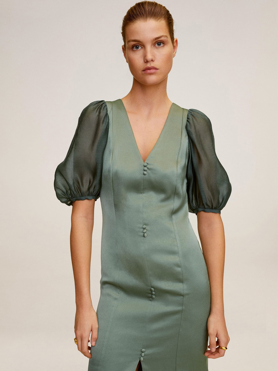 

MANGO Women Green Solid Satin Finish Sheath Dress