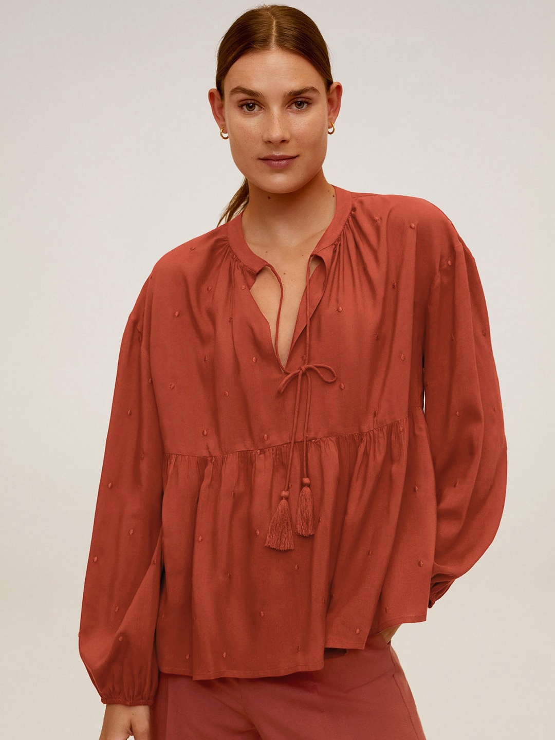 

MANGO Women Rust Orange Embroidered A-Line Top