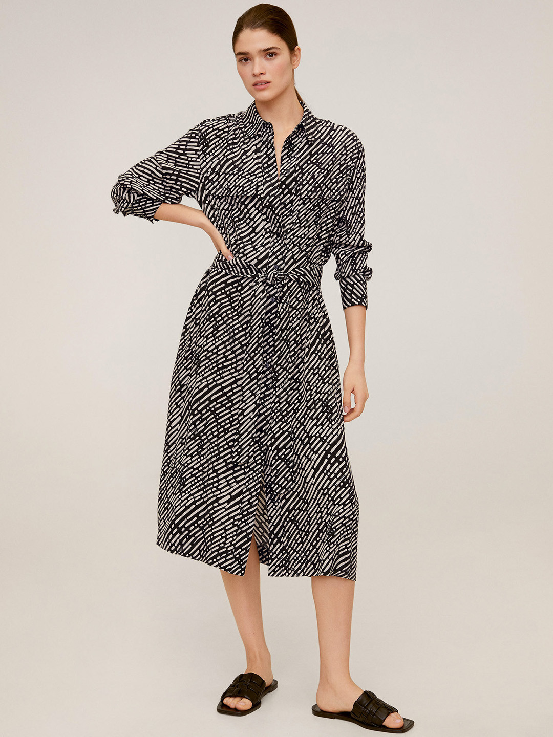 

MANGO Women Black & White Printed Shirt Dress