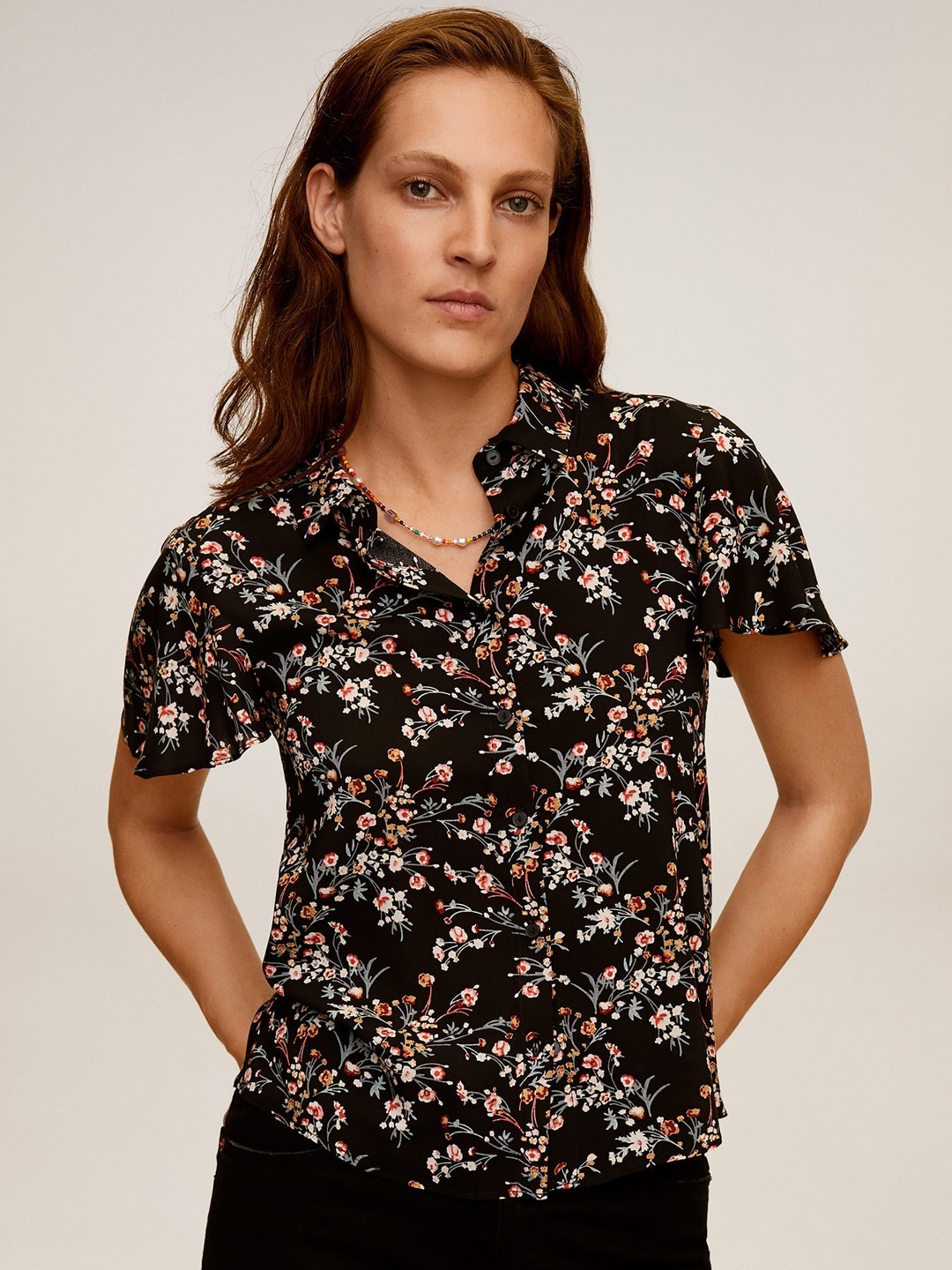 MANGO Women Black & Red Regular Fit Printed Casual Sustainable Shirt