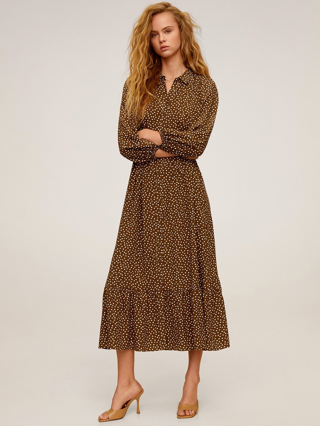 

MANGO Women Brown & White Printed Shirt Dress