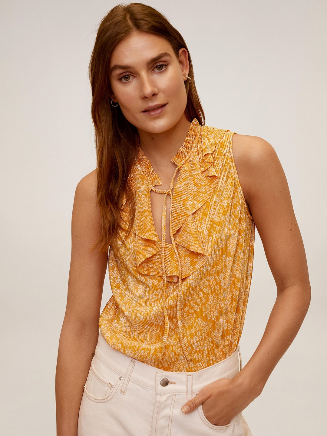 

MANGO Women Yellow & White Floral Printed Top