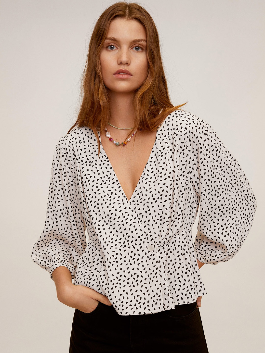 

MANGO Women Off-White & Black Printed Wrap Top
