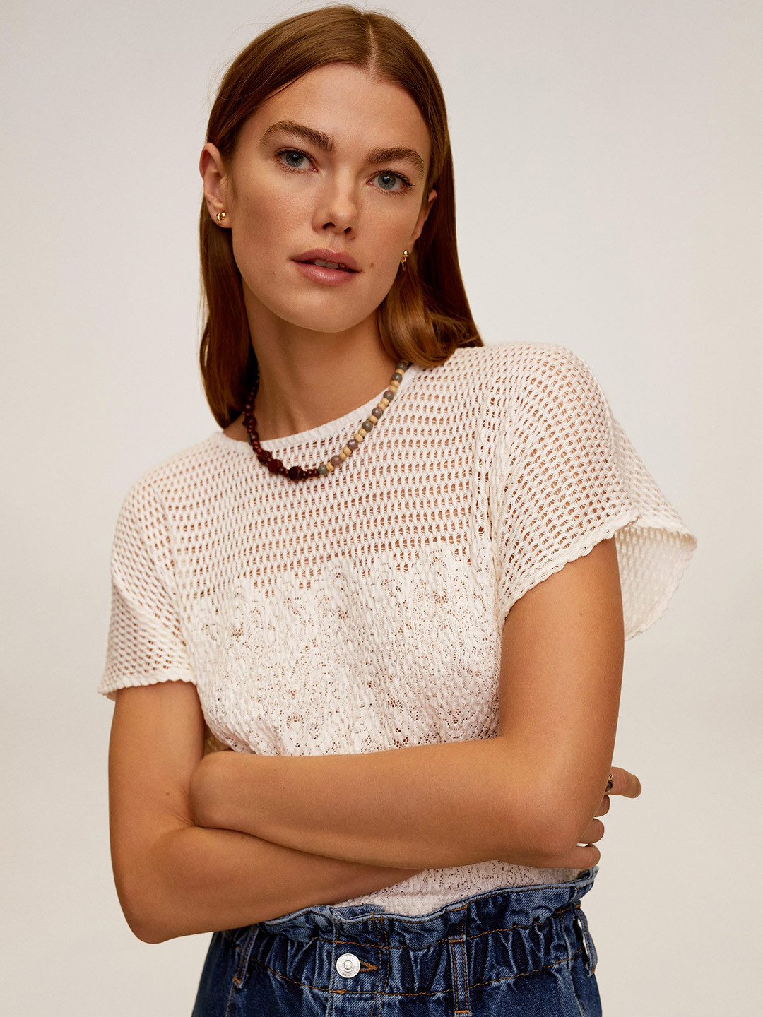 

MANGO Women Off-White Lace Self Design Top