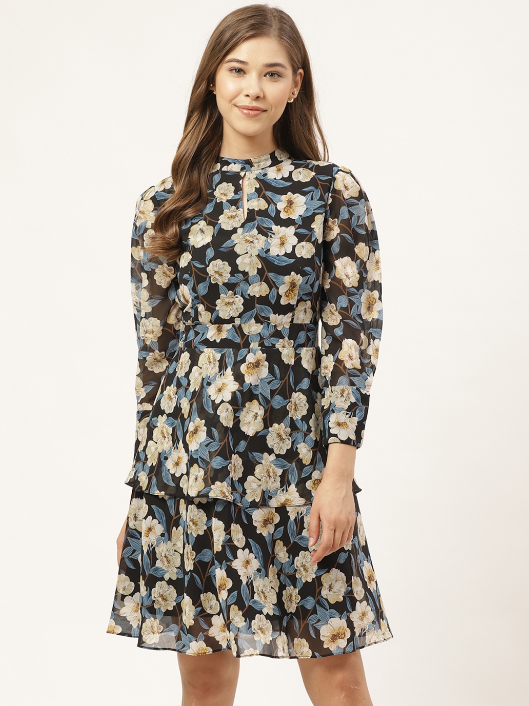 

20Dresses Women Black & Beige Layered Floral Print A-Line Dress