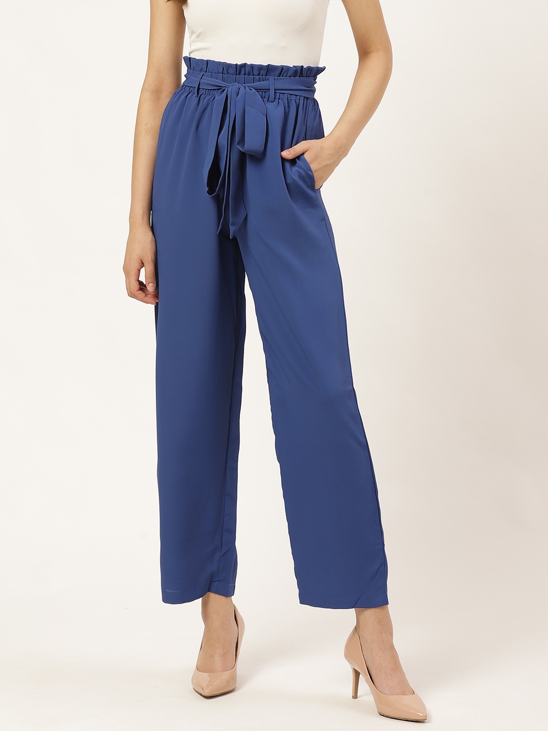 

20Dresses Women Blue Regular Fit Solid Paperbag Trousers