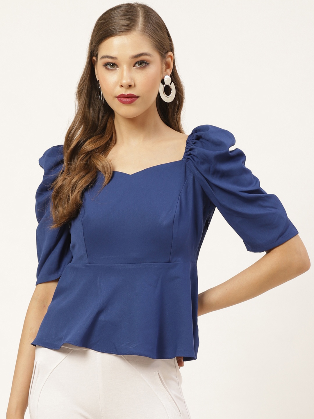 

20Dresses Women Blue Puff Sleeved Solid A-Line Top