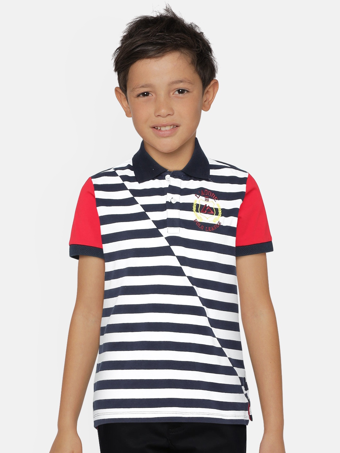 

LAdore Boys White and Navy Blue Striped Polo Collar T-shirt