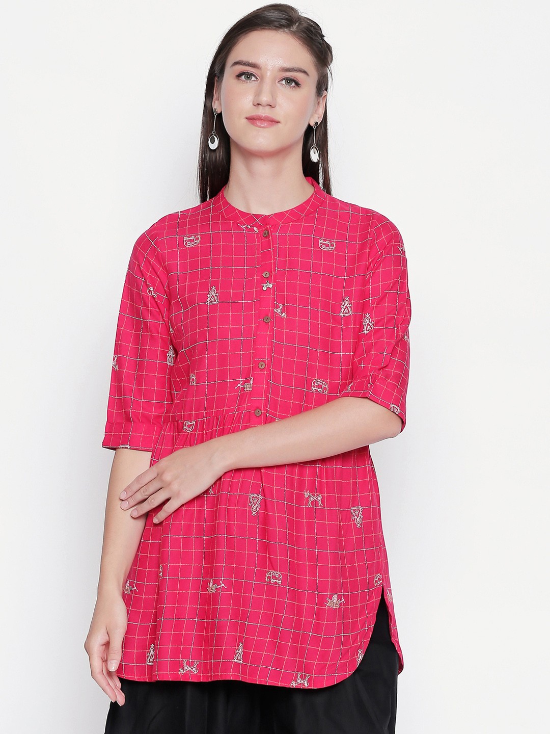 

AKKRITI BY PANTALOONS Women Pink Checked Straight Kurti
