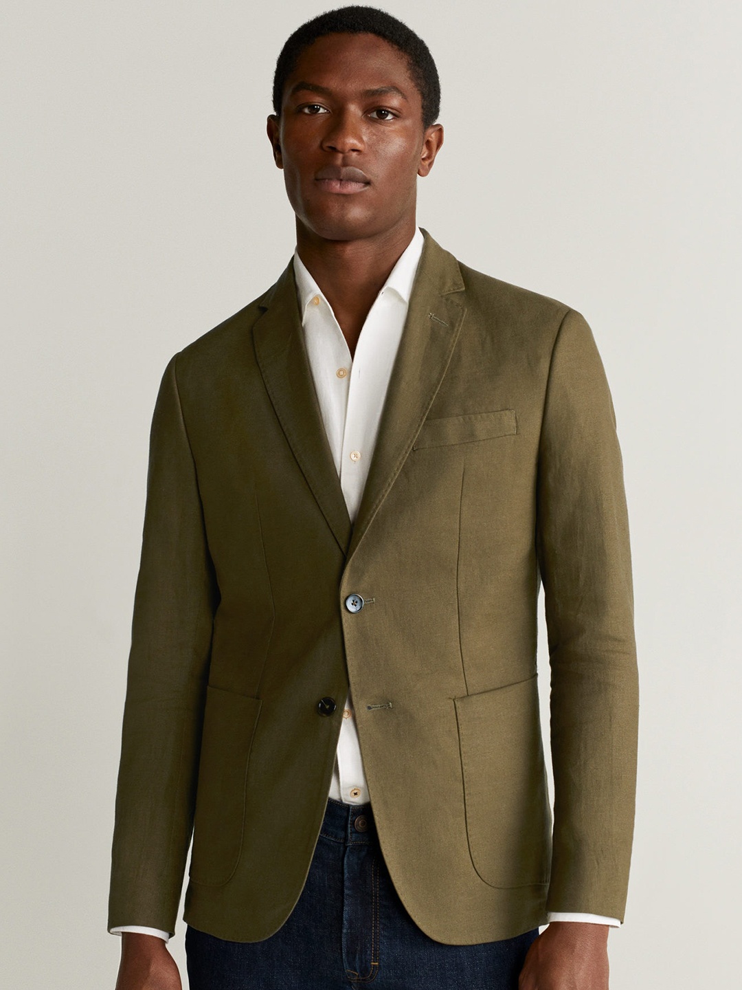 

MANGO MAN Men Olive Green Solid Linen Single-Breasted Slim Fit Casual Blazer