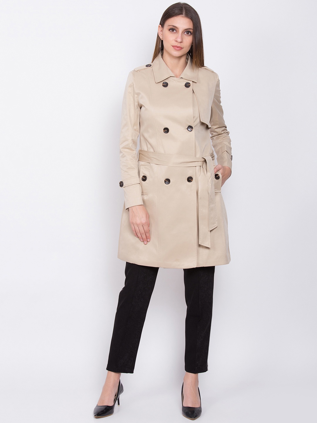 

ZOELLA Women Beige Solid Double-Breasted Trench Coat