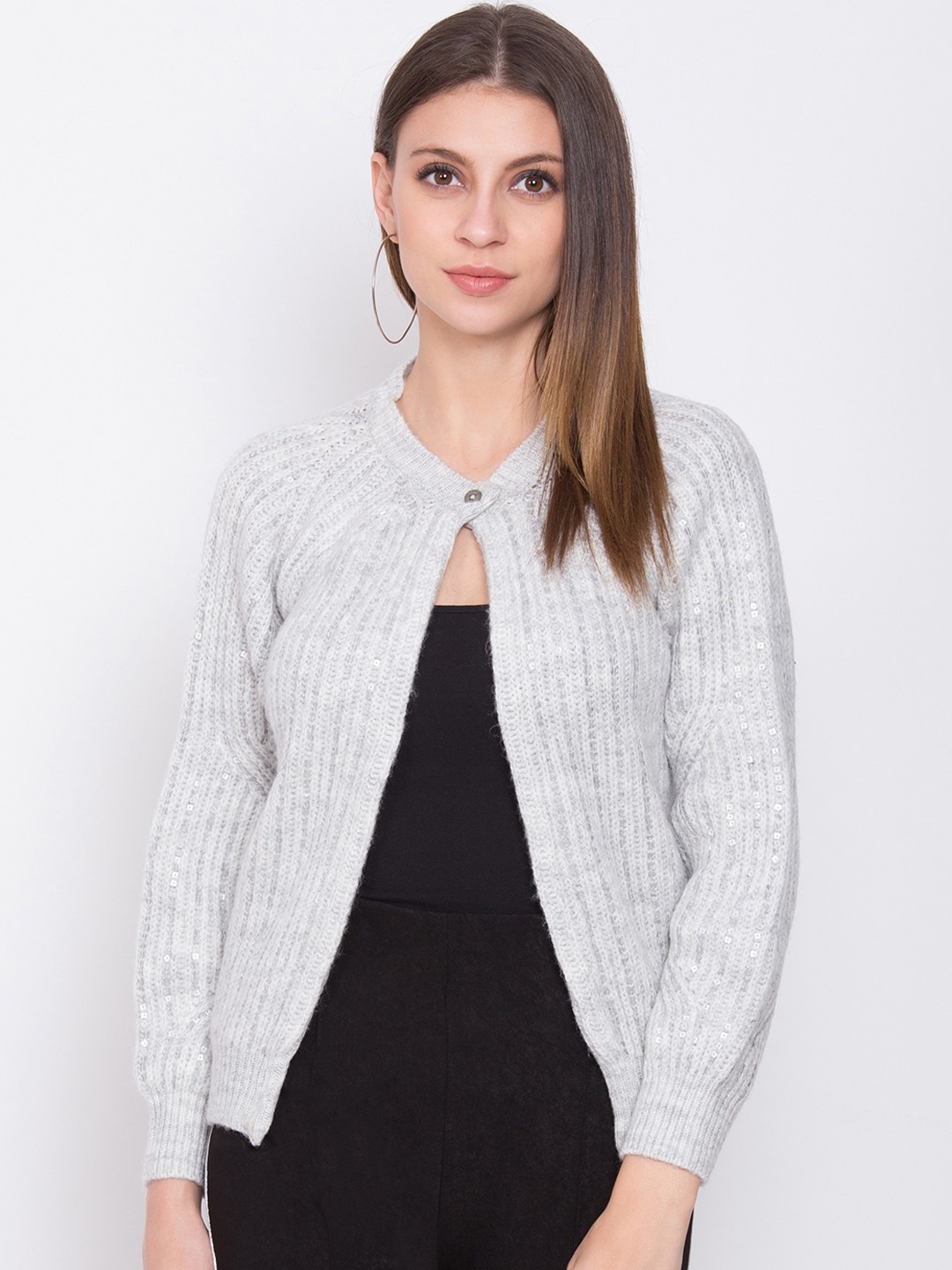 

ZOELLA Women Grey Self Design Front-Open Sweater