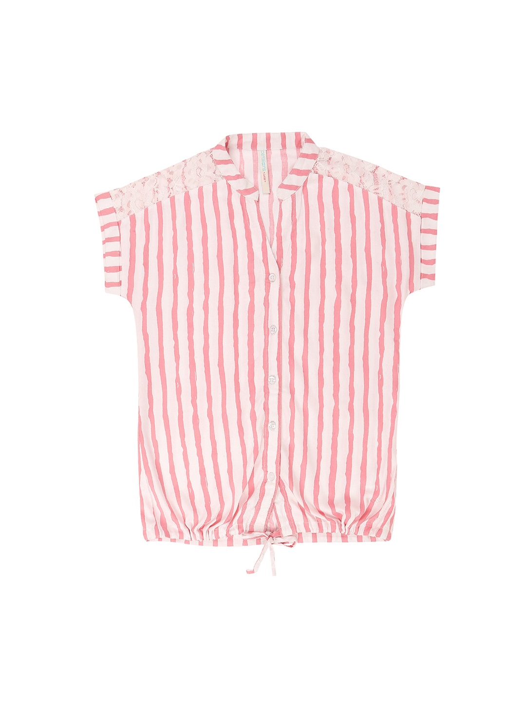 

Pantaloons Junior Girls Pink & Off-White Striped Shirt Style Top with Lace Inserts