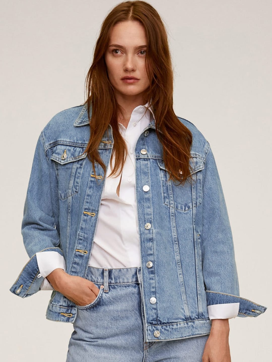 

MANGO Women Blue Solid Oversized Denim Sustainable Jacket