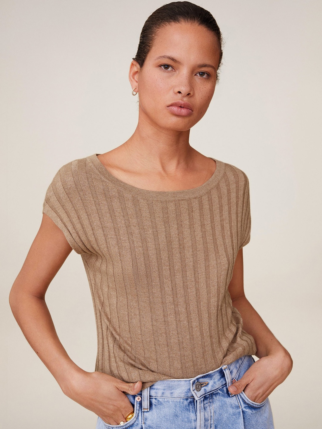 

MANGO Women Beige Self Striped Top