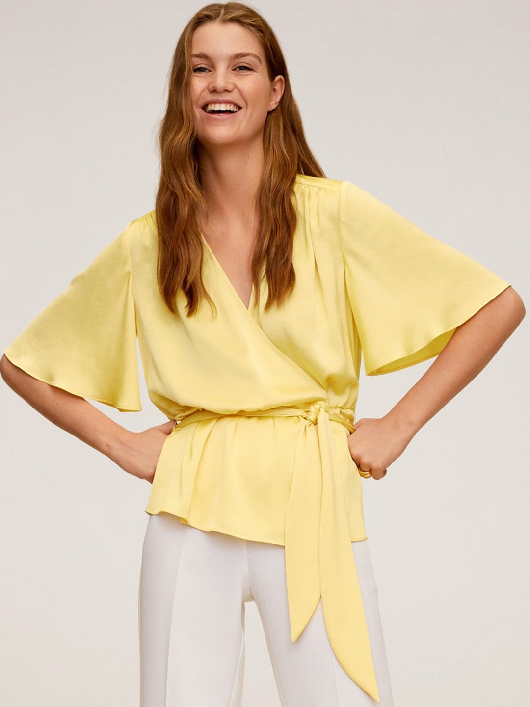 

MANGO Women Yellow Solid Satin Finish Wrap Top With Belt