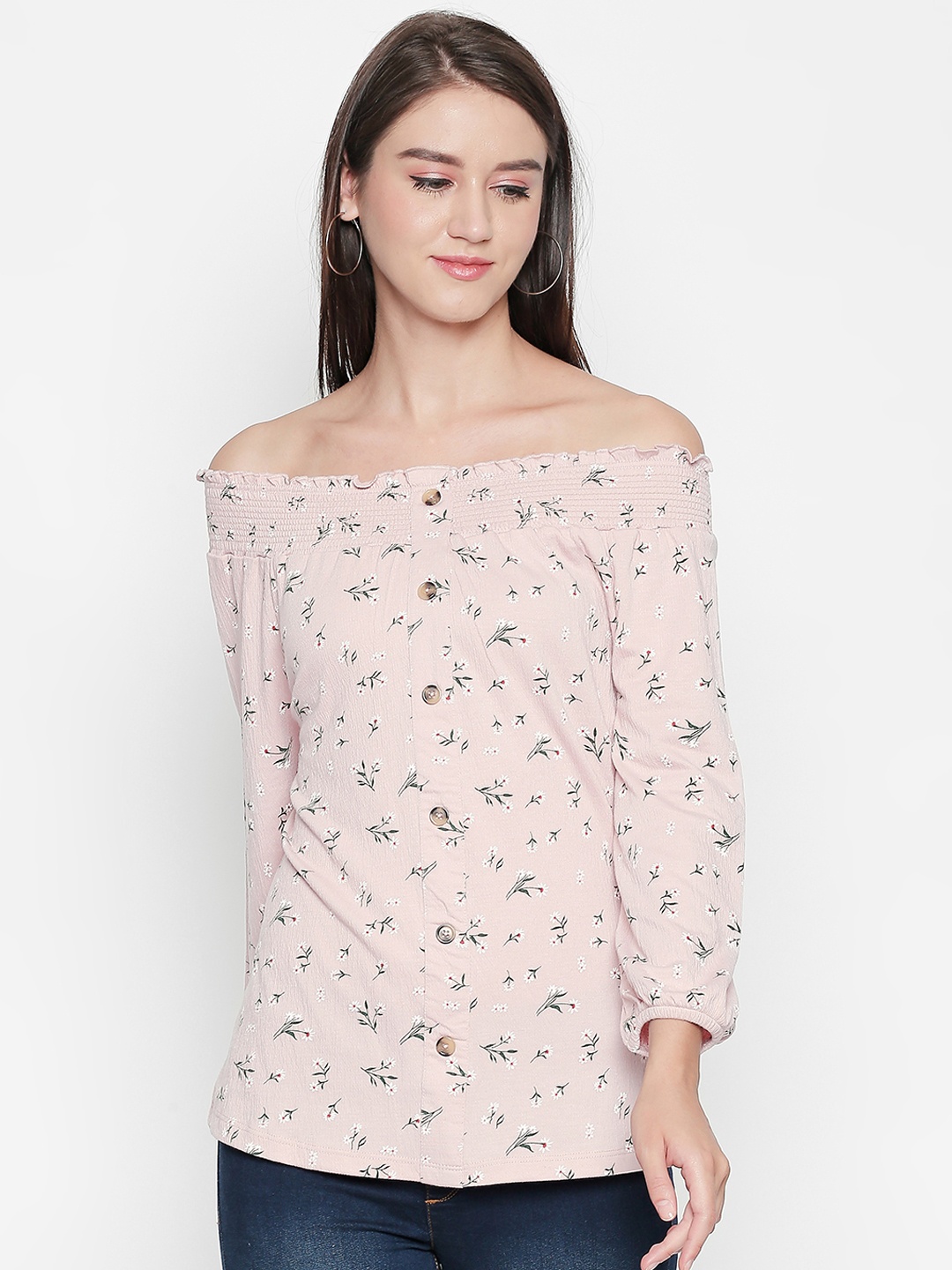 

Honey by Pantaloons Women Pink & Black Floral Printed Bardot Top