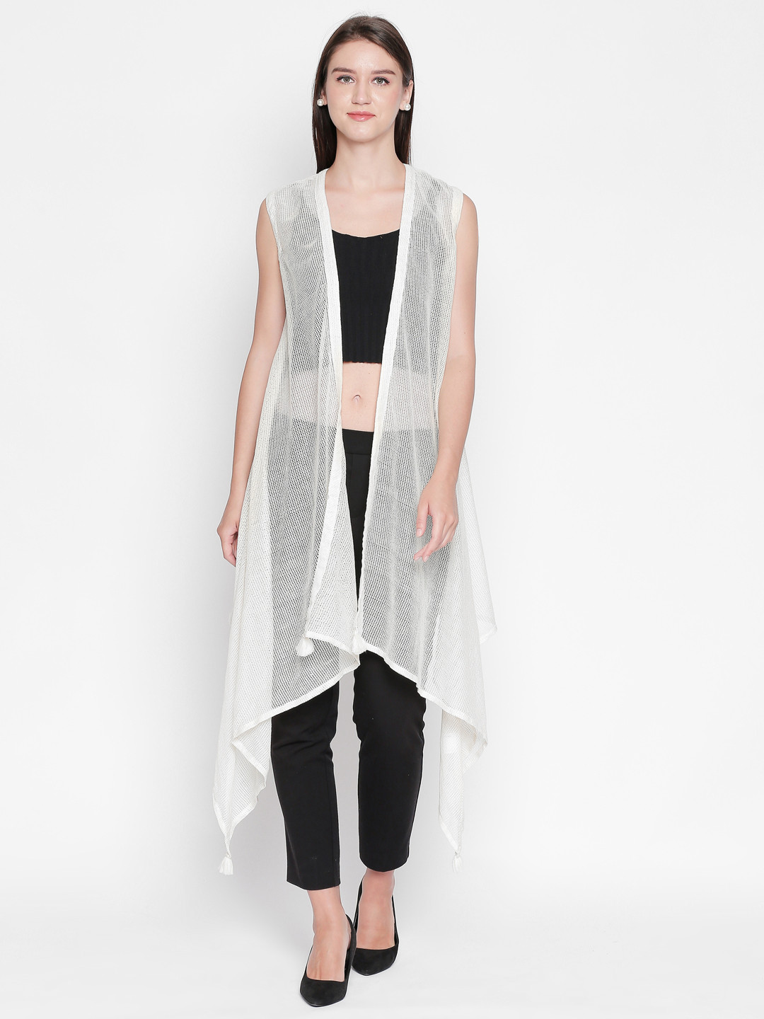 

AKKRITI BY PANTALOONS Women Off-White Solid Open Front Shrug