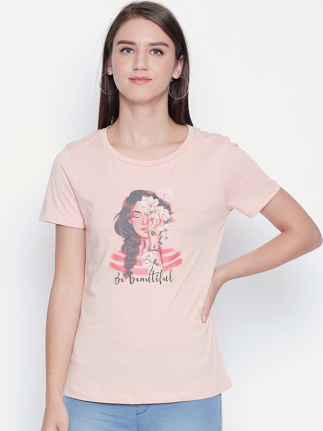 

Honey by Pantaloons Women Nude-Coloured Printed Round Neck T-shirt