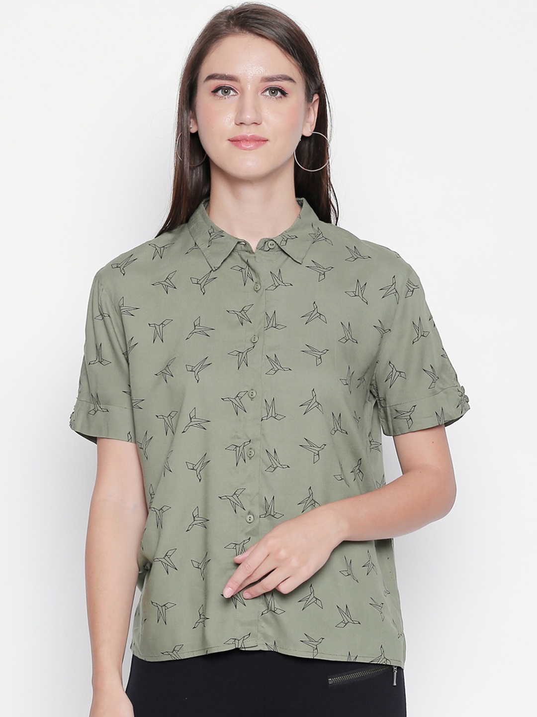 

Honey by Pantaloons Women Olive Green Regular Fit Printed Casual Shirt
