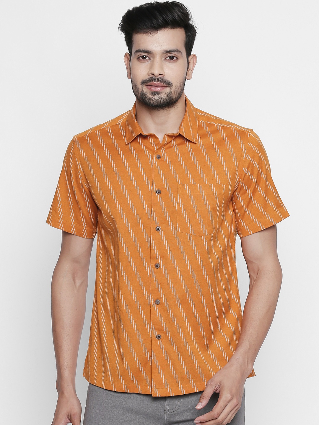 

indus route by Pantaloons Men Mustard Yellow & Grey Self-Striped Shirt