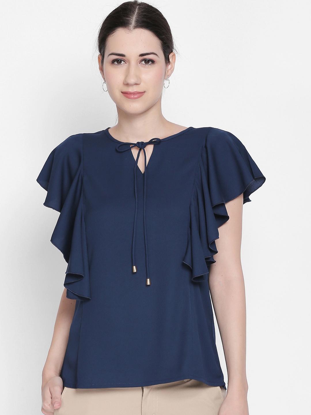 

Annabelle by Pantaloons Women Navy Blue Solid Flutter Sleeves Top