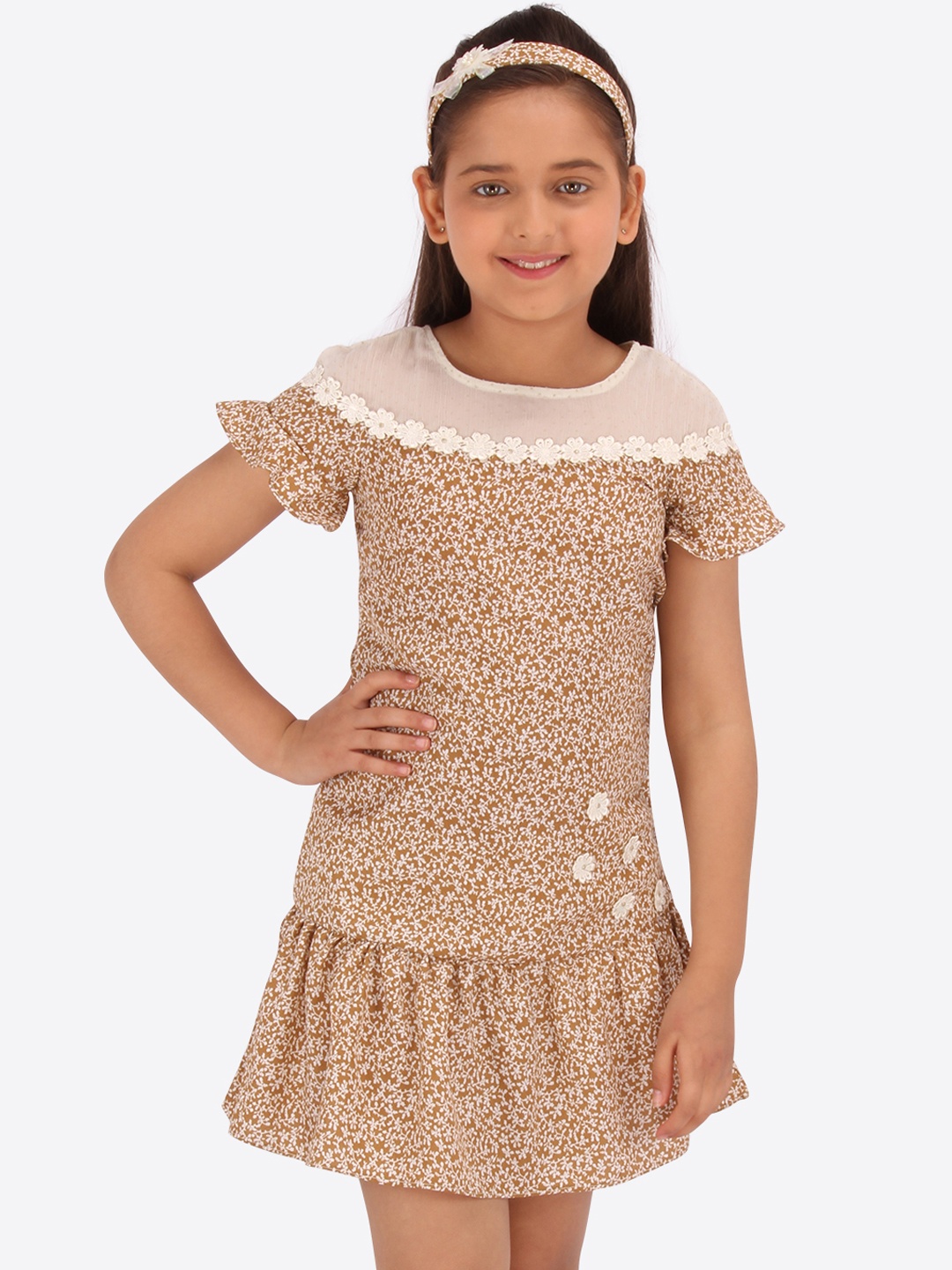 

CUTECUMBER Girls Mustard Yellow & White Floral Printed Drop-Waist Dress