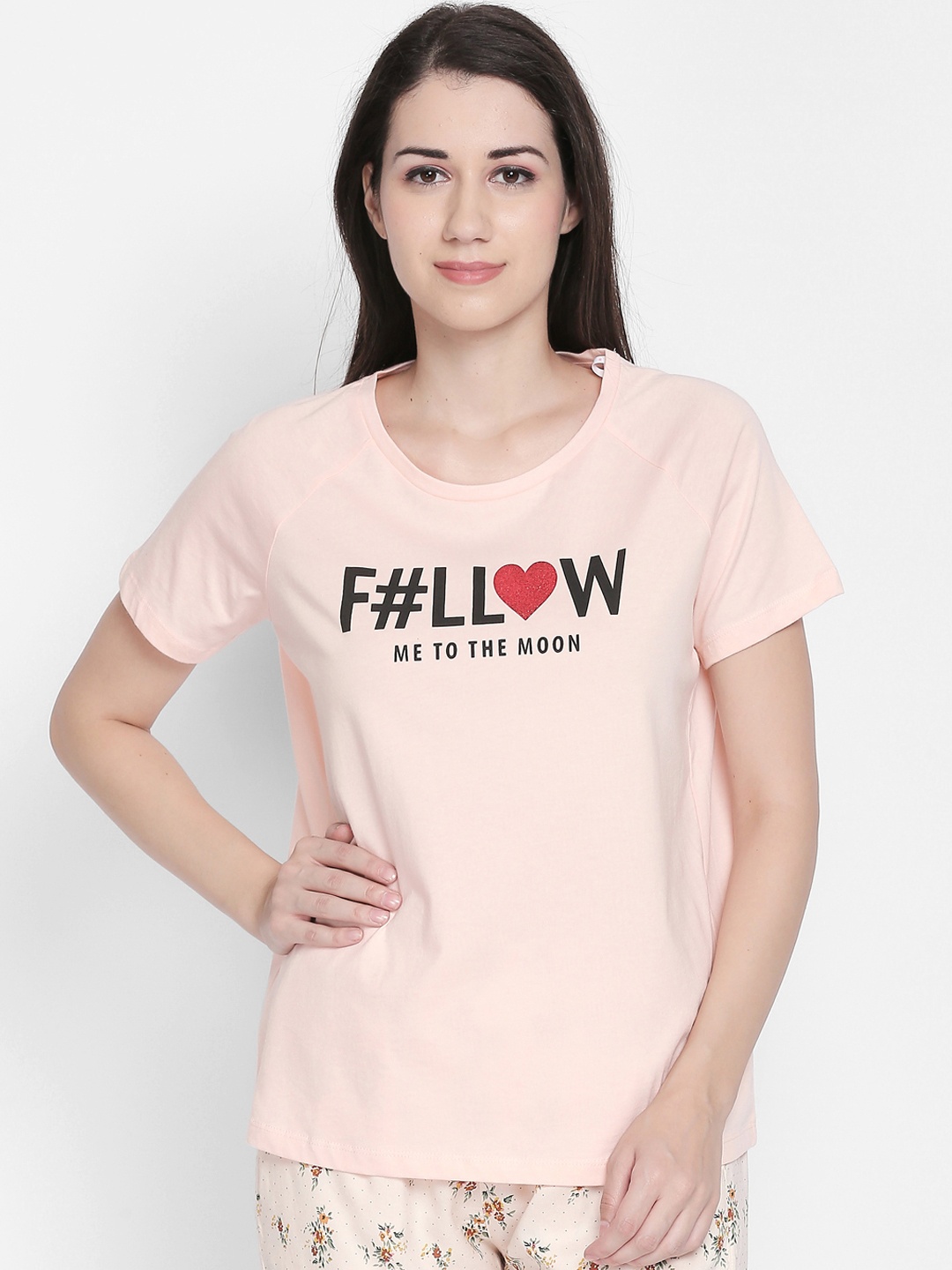 

Dreamz by Pantaloons Women Peach Printed Lounge Tshirt
