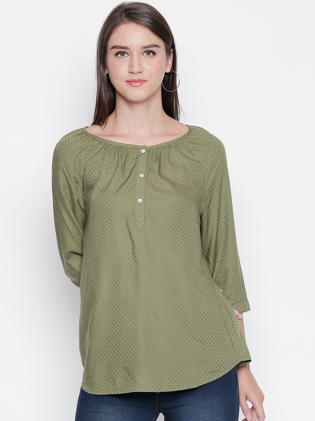 

Honey by Pantaloons Women Olive Green Self Design Top